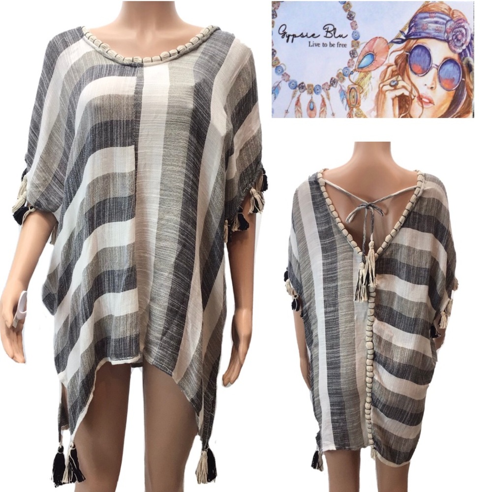 Gypsie Blu Boho Striped Poncho Swimsuit Coverup